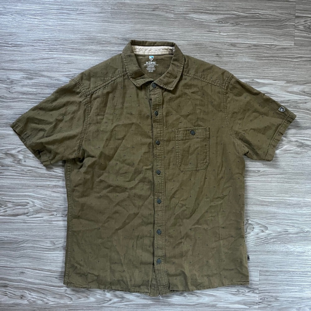 Kuhl Mens Olive Green Short Sleeve Button Down Shirt Large Textured Outdoor 501